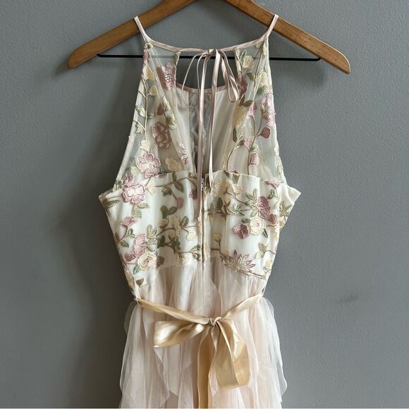 Nights by Teeze Me Champagne Floral Chiffon Tiered Ruffle Gown Size 7 Formal - Picture 5 of 12